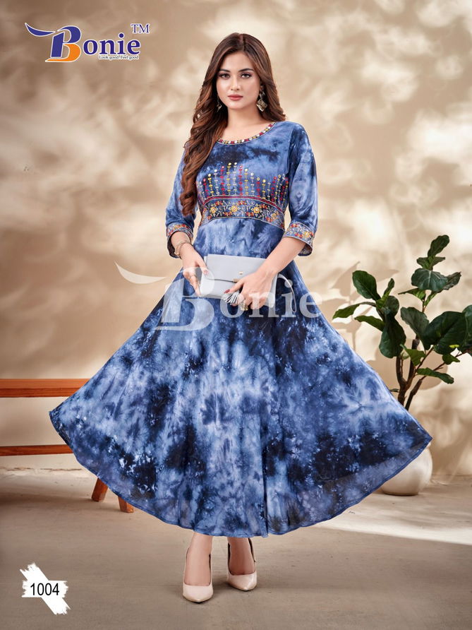 Bonie Tie Die Rayon Anarkali Designer Kurtis Catalog
